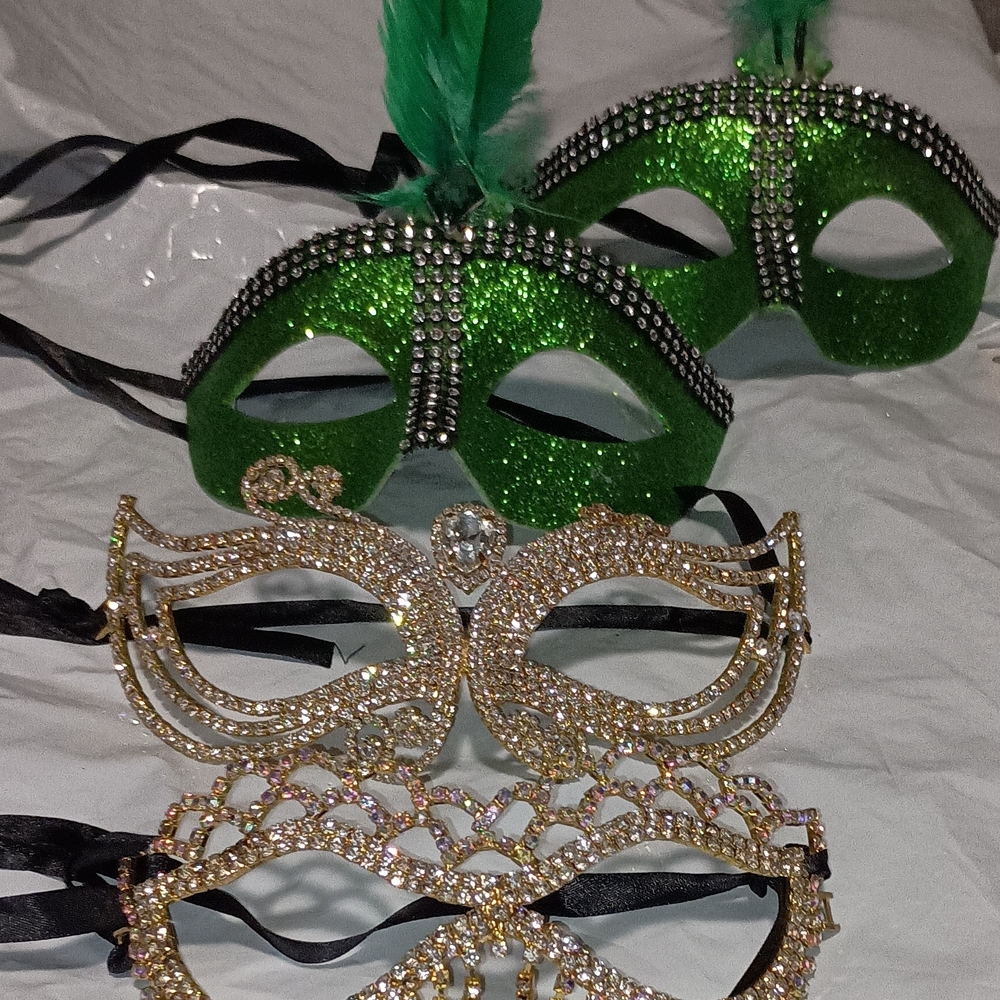 Green and Gold Rhinestone Masquerade Masks
